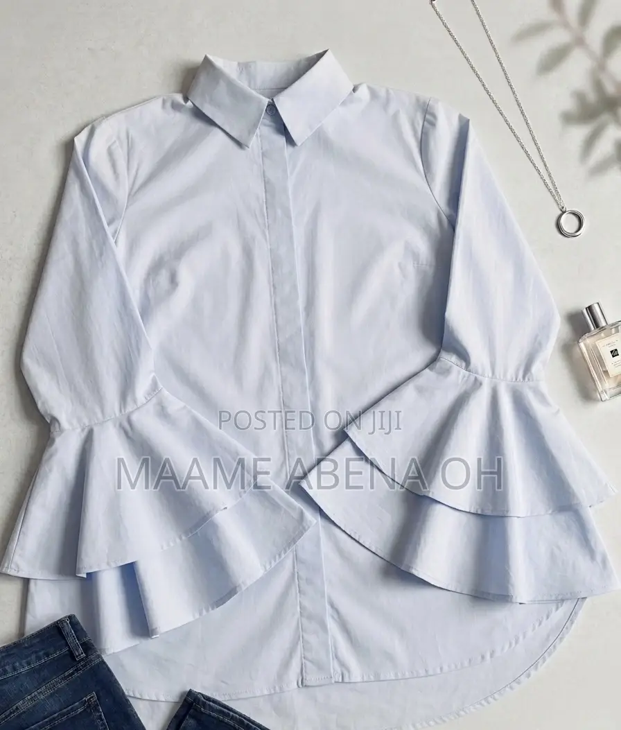 Light-Blue Button-Down Tiered Bell Sleeves Shirt.