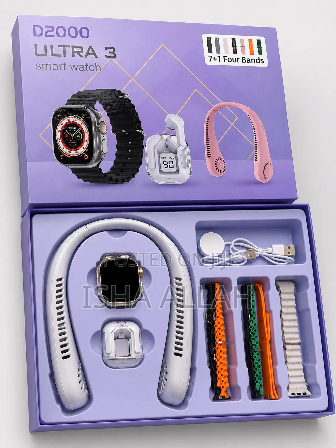 Ultra 3 Smartwatch Combo – 7+1 Bands, Earbuds Neck Fan Gift Set