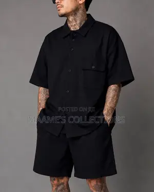 Men’S Textured Chest Pocket Shirt Shorts Set