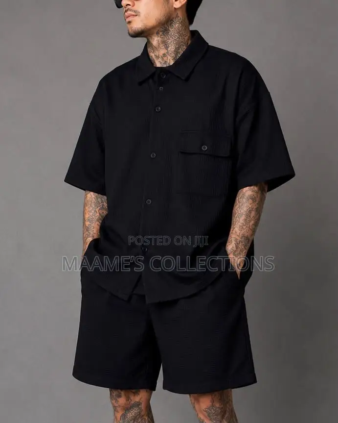 Men’S Textured Chest Pocket Shirt Shorts Set