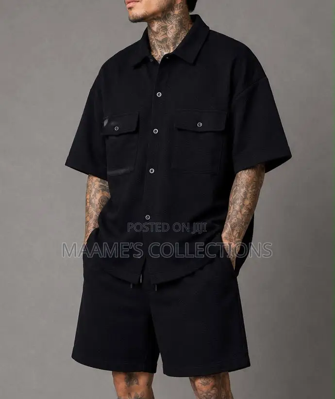 Men’S Textured Chest Pocket Shirt Shorts Set