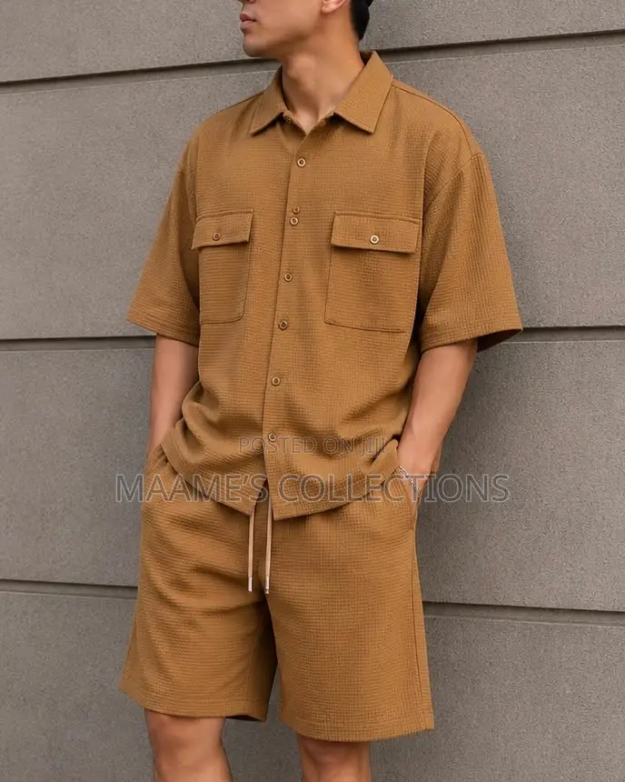 Men’S Textured Chest Pocket Shirt Shorts Set