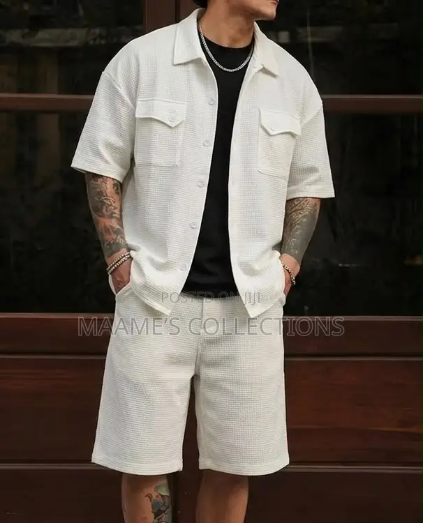 Men’S Textured Chest Pocket Shirt Shorts Set