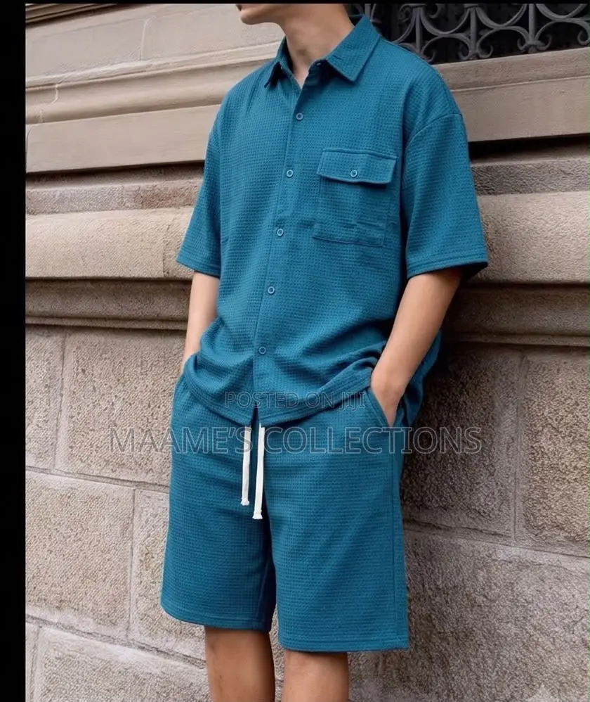 Men’S Textured Chest Pocket Shirt Shorts Set