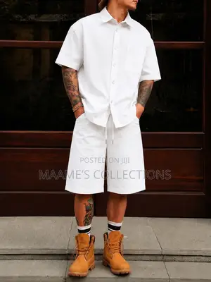 Men’S Textured Chest Pocket Shirt Shorts Set
