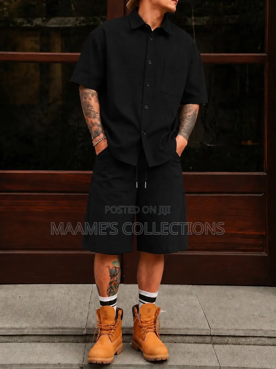 Men’S Textured Chest Pocket Shirt Shorts Set