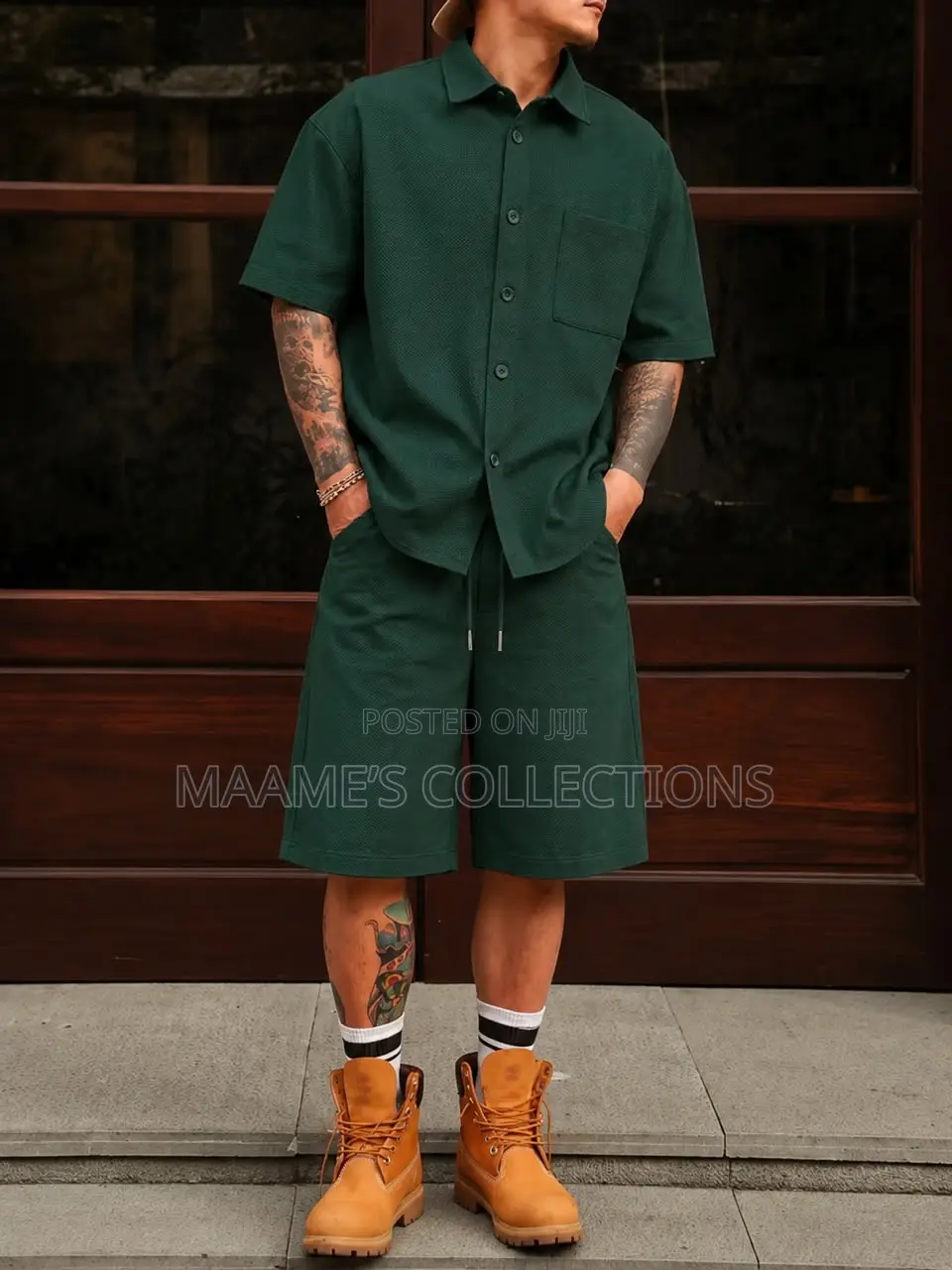 Men’S Textured Chest Pocket Shirt Shorts Set