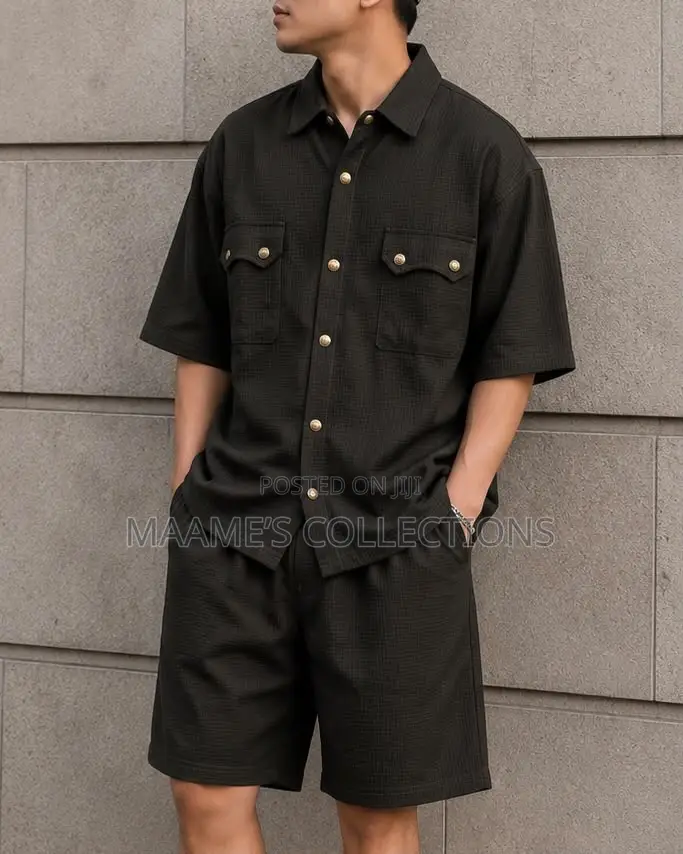 Men’S Textured Chest Pocket Shirt Shorts Set