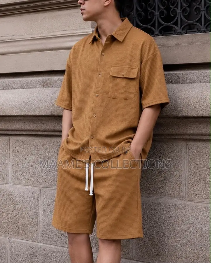 Men’S Textured Chest Pocket Shirt Shorts Set