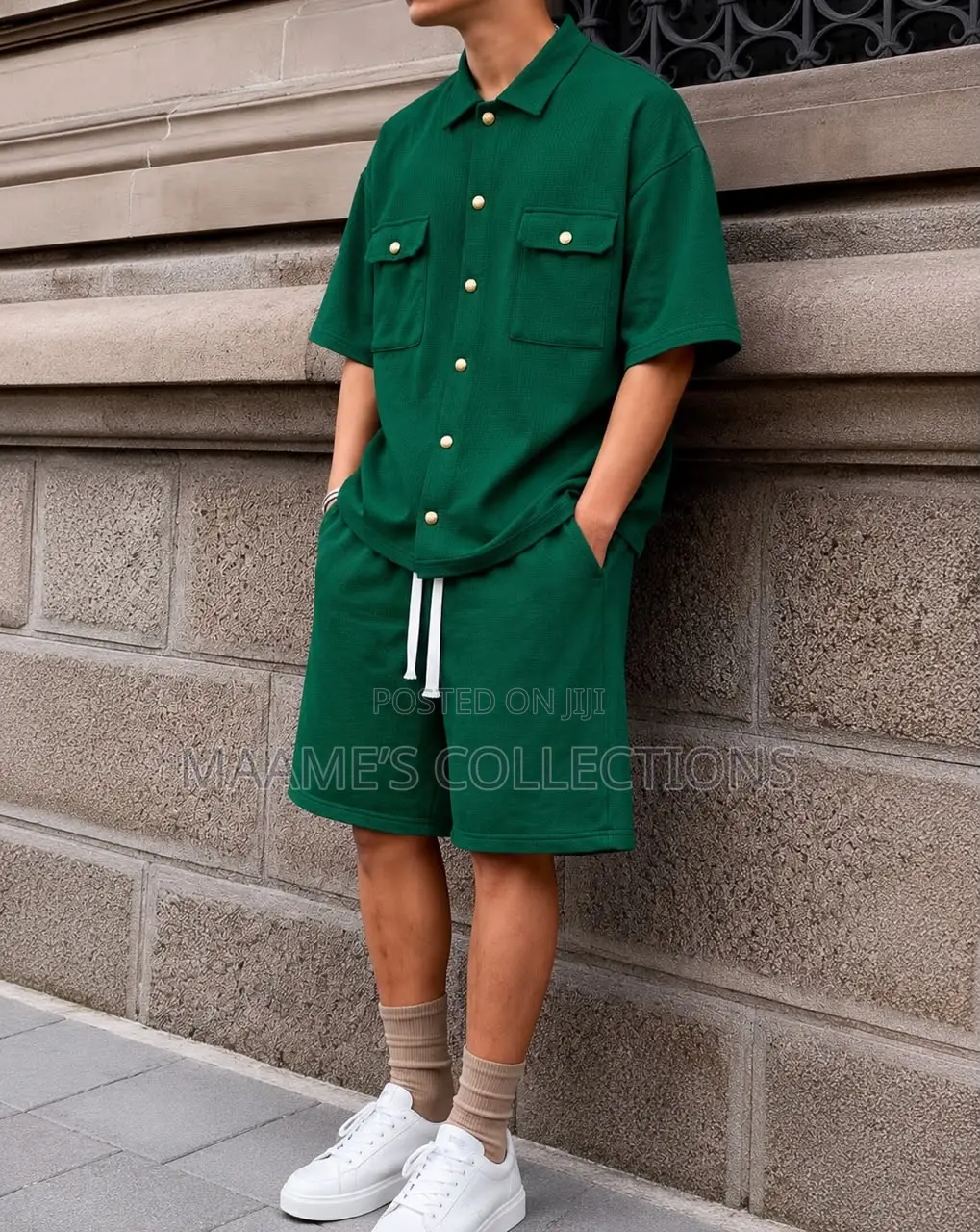 Men’S Textured Chest Pocket Shirt Shorts Set