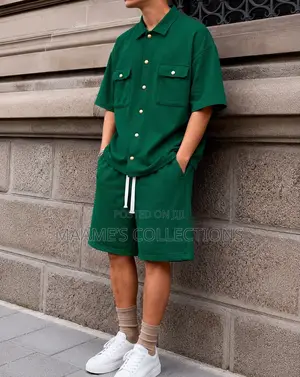 Men’S Textured Chest Pocket Shirt Shorts Set