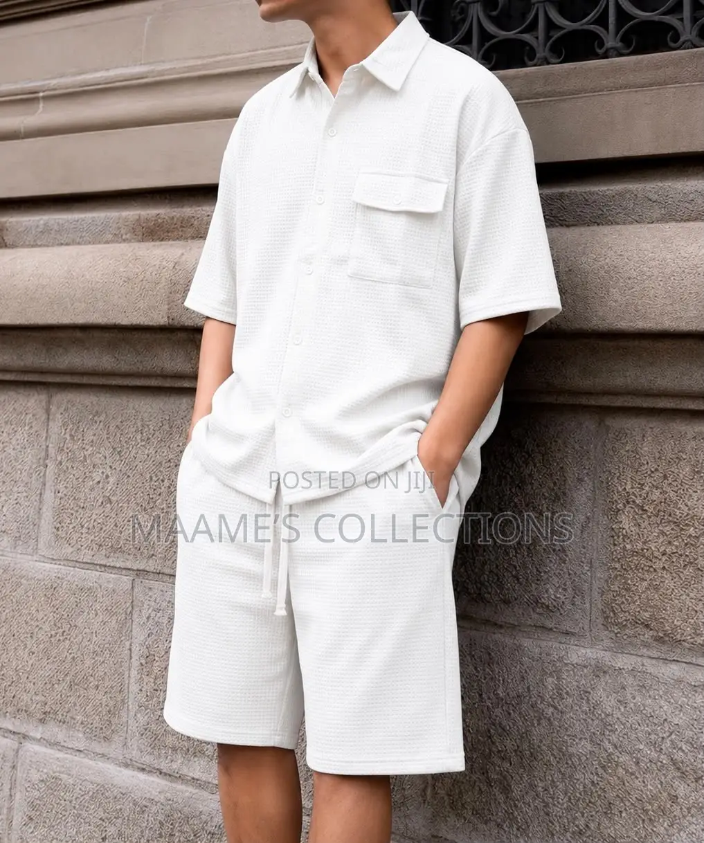 Men’S Textured Chest Pocket Shirt Shorts Set