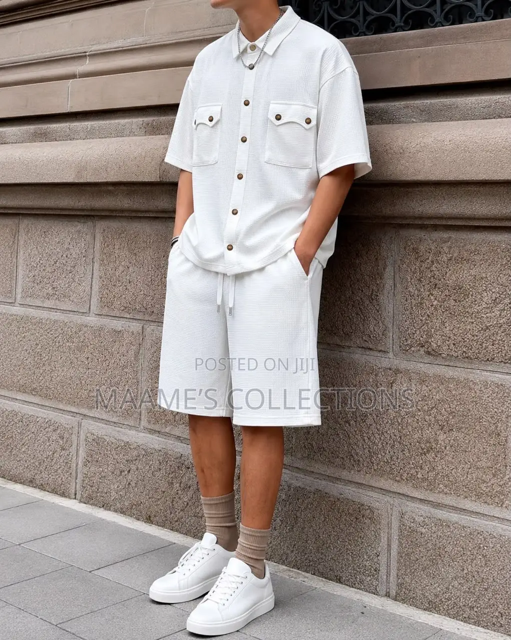 Men’S Textured Chest Pocket Shirt Shorts Set