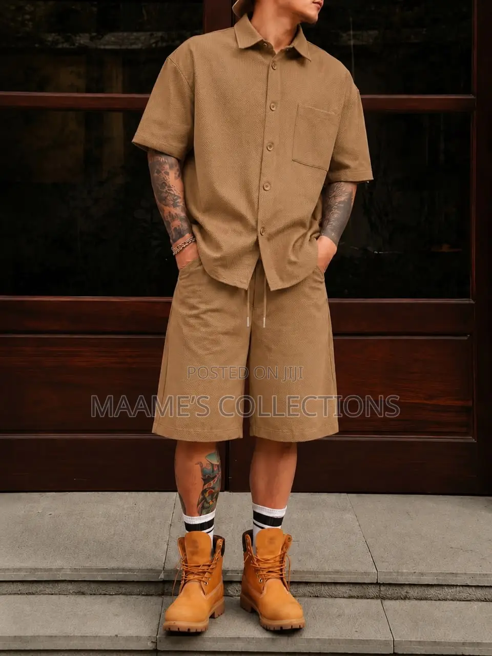 Men’S Textured Chest Pocket Shirt Shorts Set