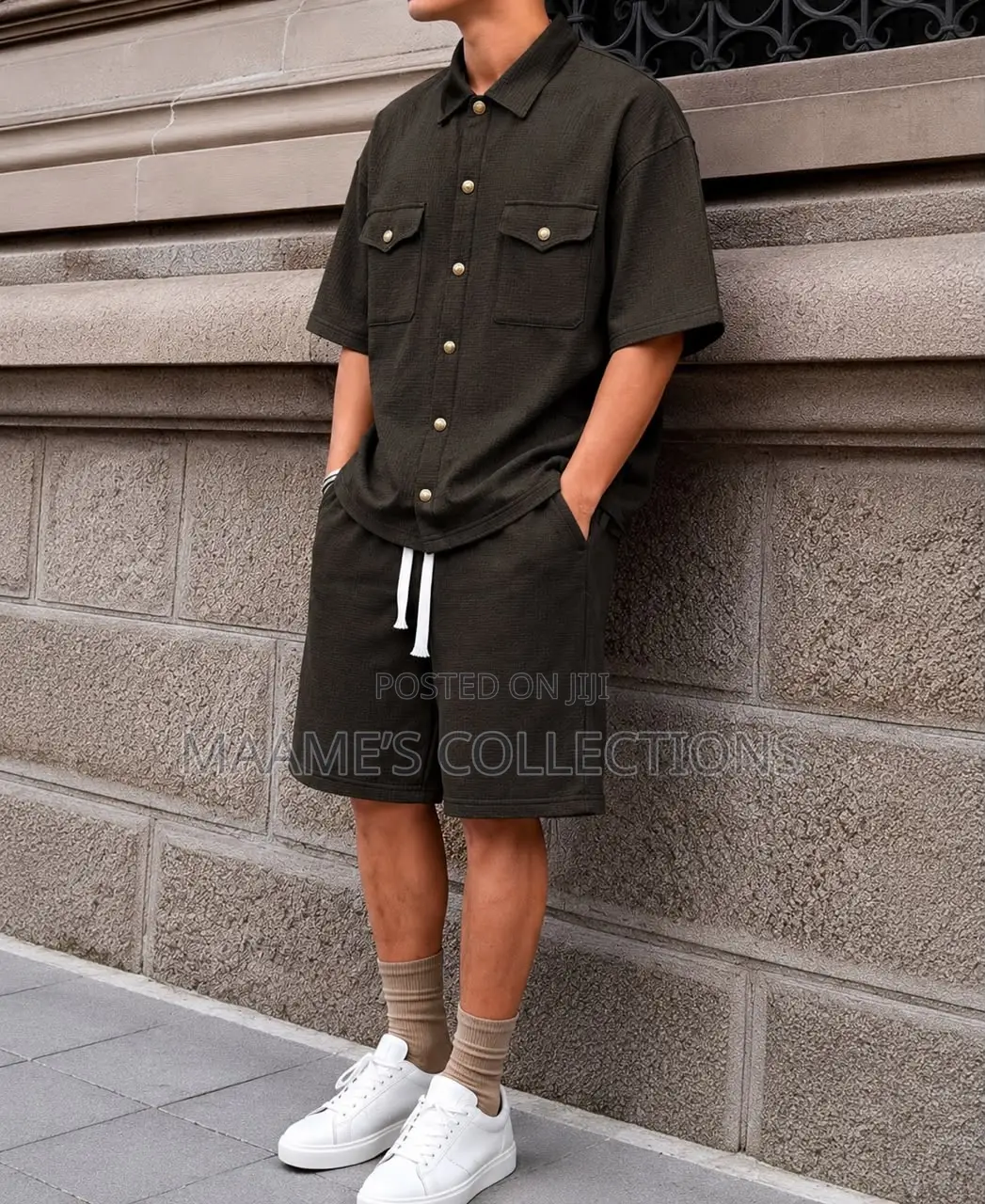 Men’S Textured Chest Pocket Shirt Shorts Set
