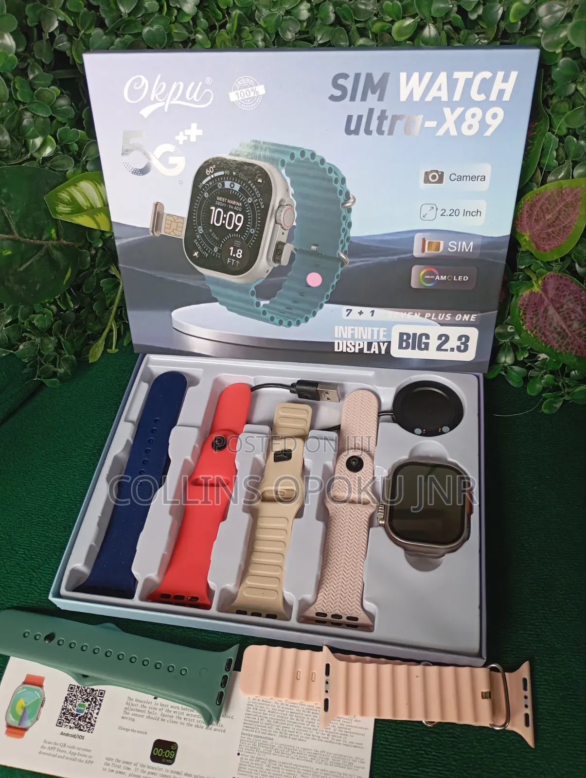Ultra-X89 Smart Watch With Sim Slot and Camera + 7 Xtra Straps - Pink