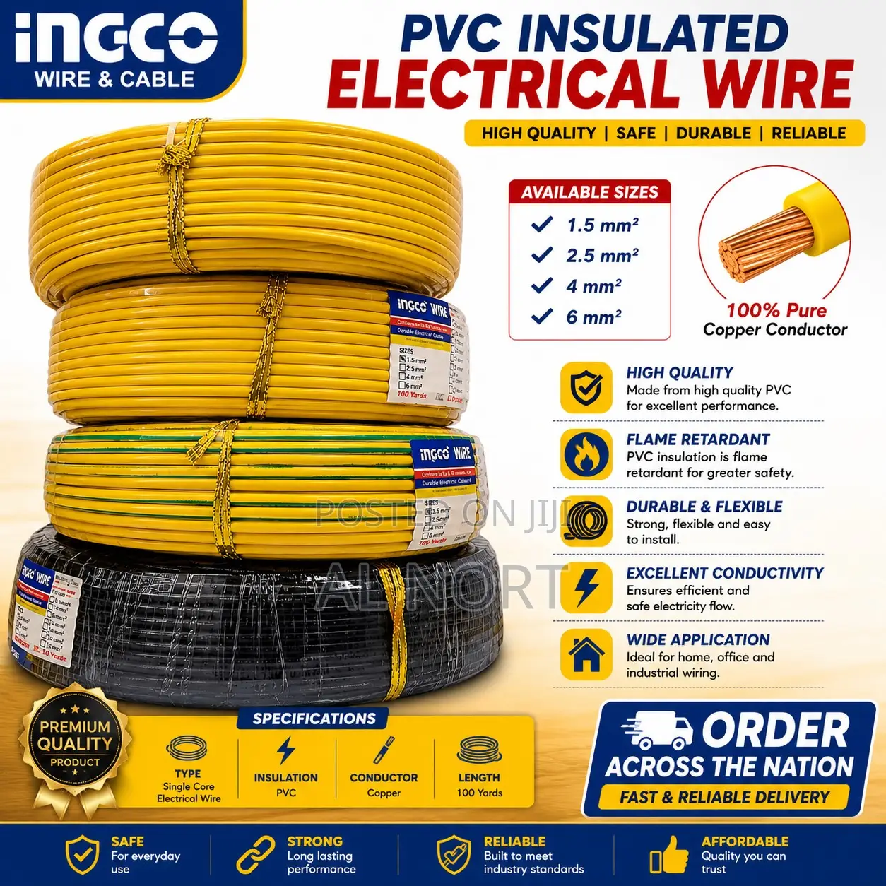 Ingco PVC Insulated Single Core Electrical Wire - Yellow - 100 Yards