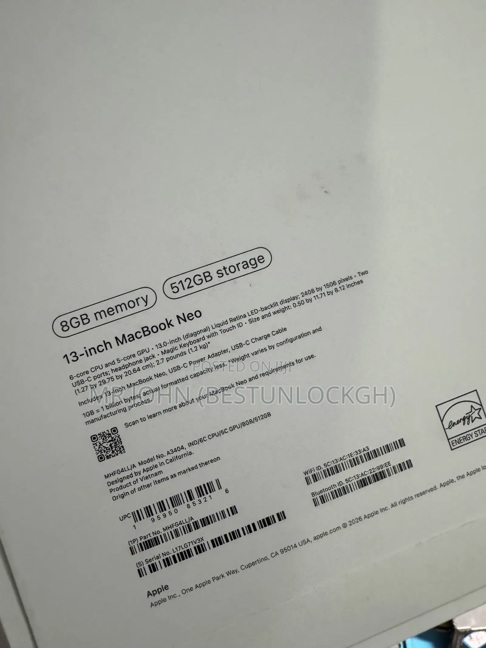 New Laptop Apple MacBook Neo 2026 8GB Apple M1 SSD 512GB