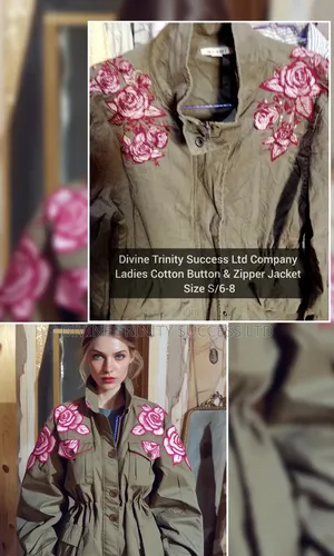 Ladies Olive Green Jacket With Pink Embroidery