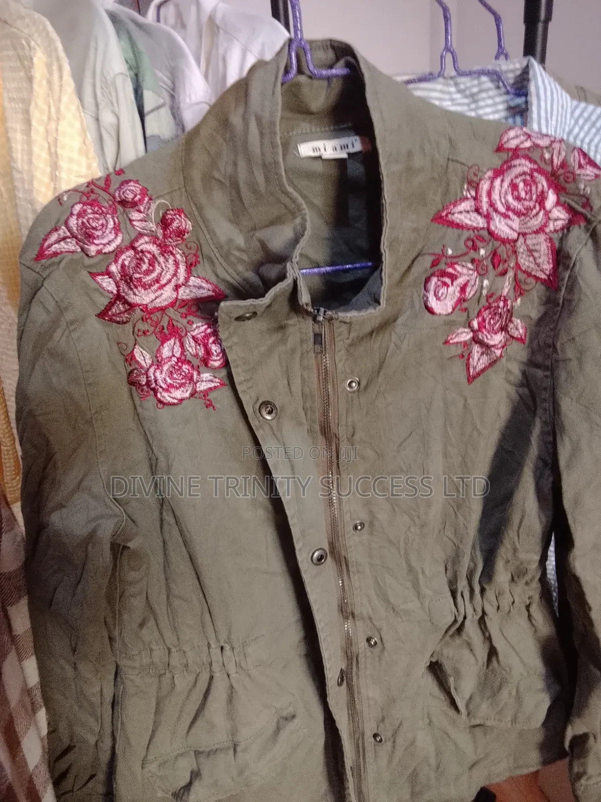 Ladies Olive Green Jacket With Pink Embroidery
