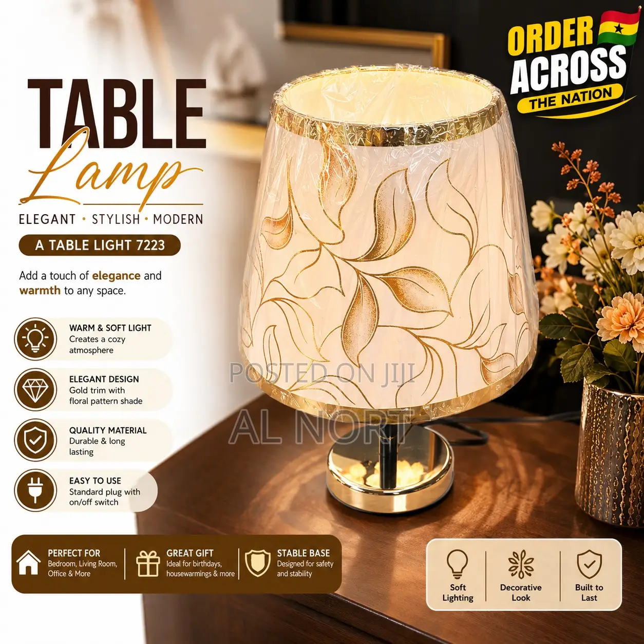 Decorative Table Lamp – Floral Pattern Shade – White Gold
