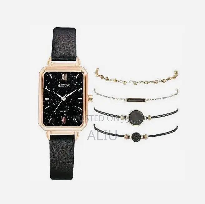 5pcs Women's Black Casual Quartz Watch Set - Metal Pu Leather