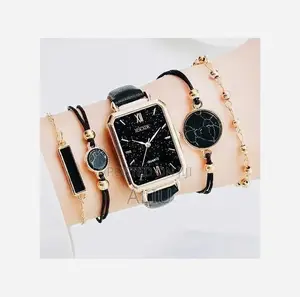 5pcs Women's Black Casual Quartz Watch Set - Metal Pu Leather