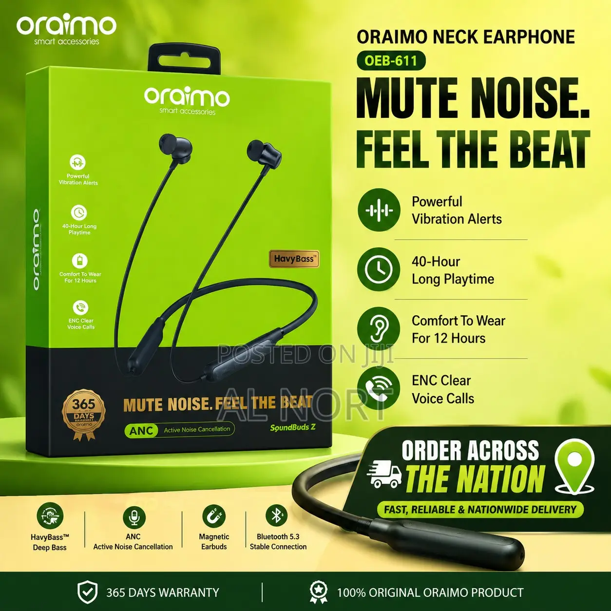 Oraimo Oeb-611 Bluetooth Neckband Earphones - Black