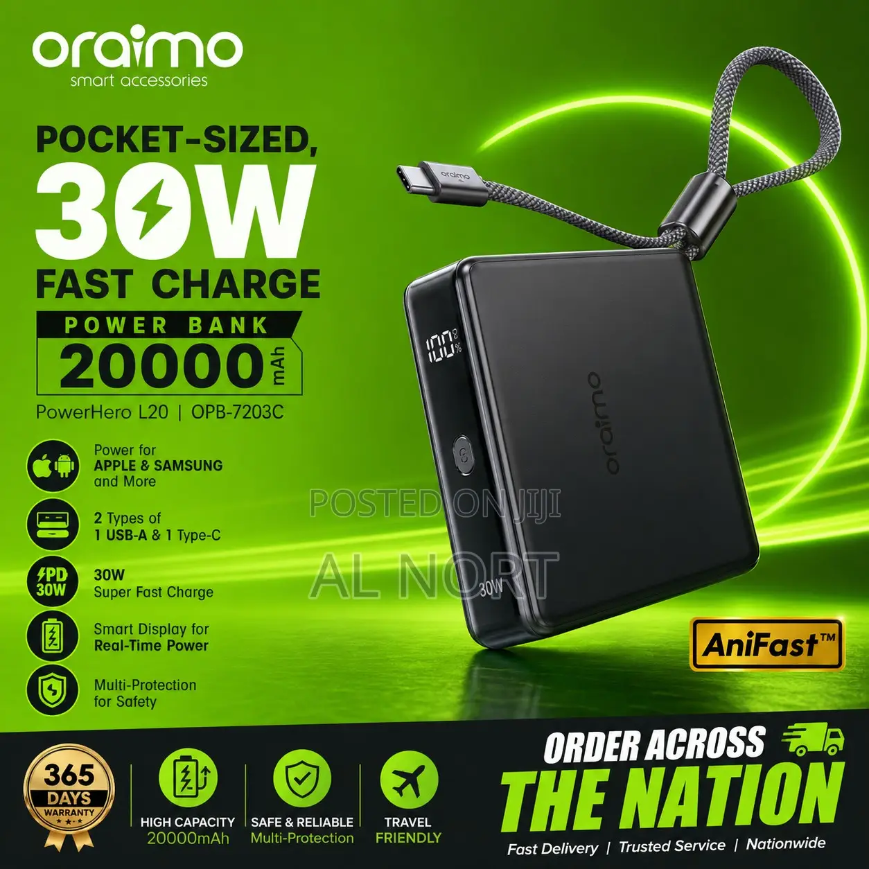 Oraimo Powerhero L20 20000mah 30w Fast Charge Power Bank Opb-7203c