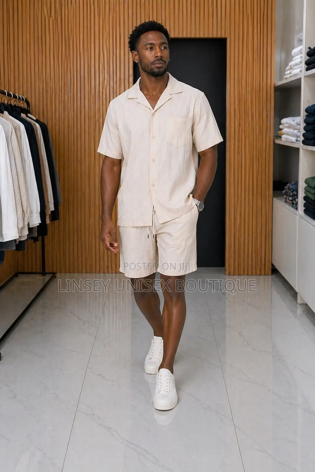 Luxury Men’S 2-Piece Linen Short Set – Cream Casual Outfit