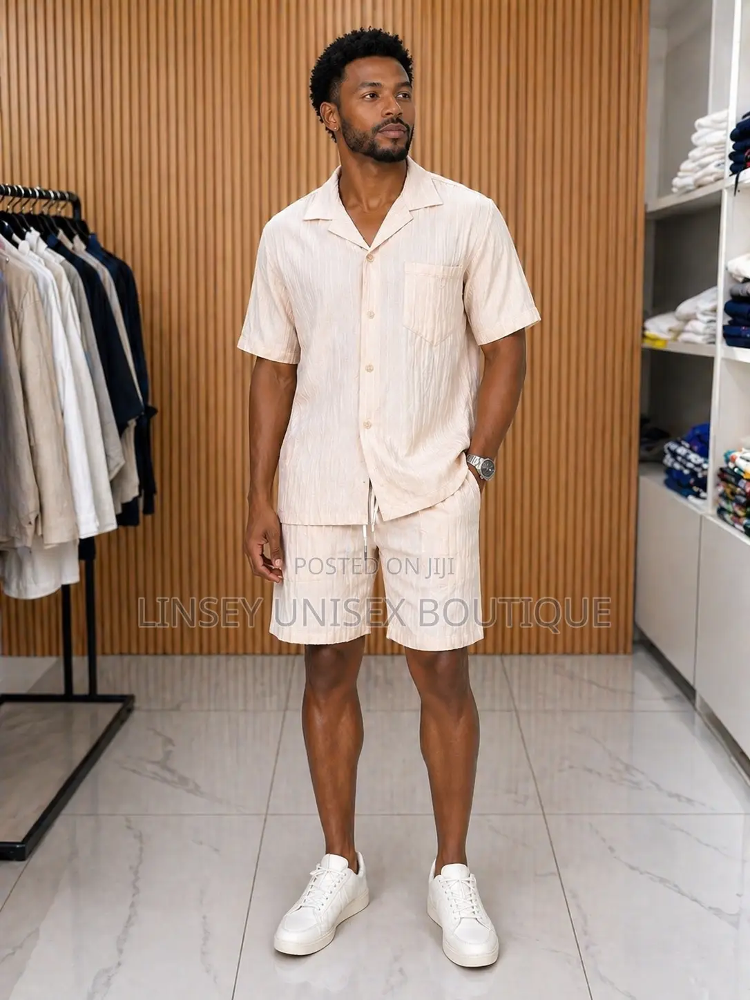 Luxury Men’S 2-Piece Linen Short Set – Cream Casual Outfit