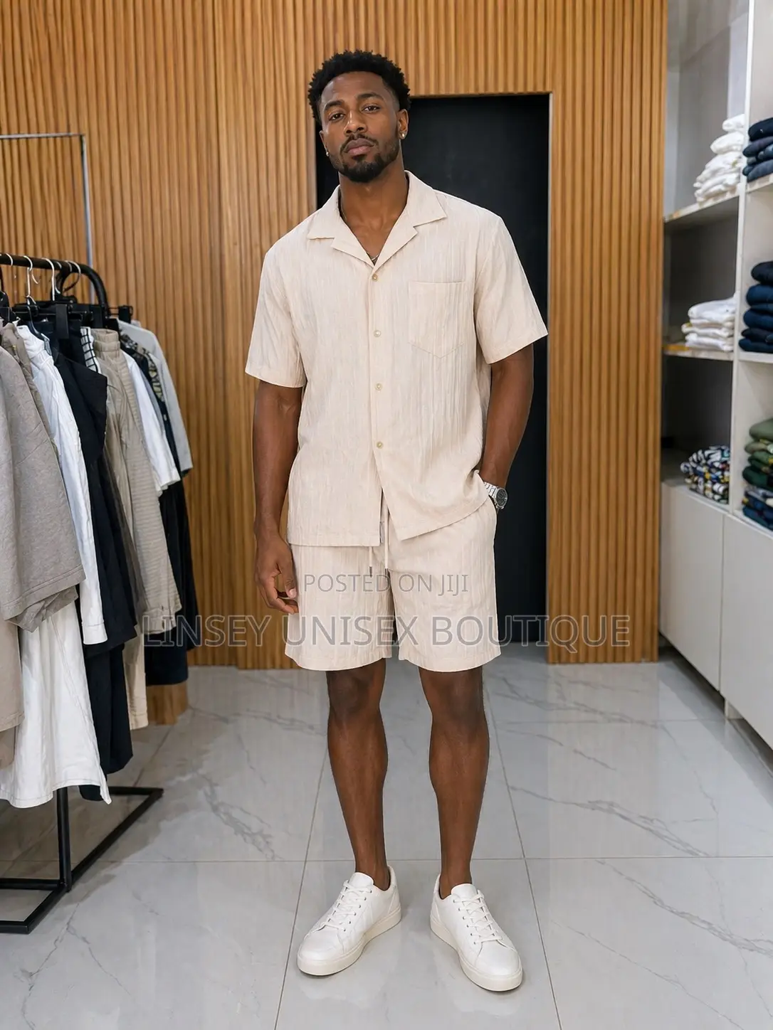 Luxury Men’S 2-Piece Linen Short Set – Cream Casual Outfit