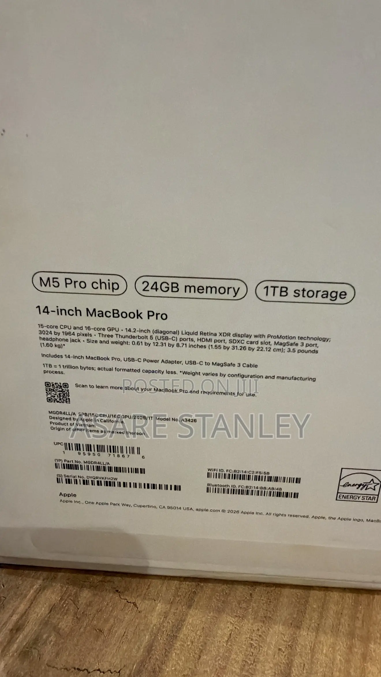 New Laptop Apple MacBook Pro 2026 M5 Pro 24GB Apple M5 Pro SSD 1T