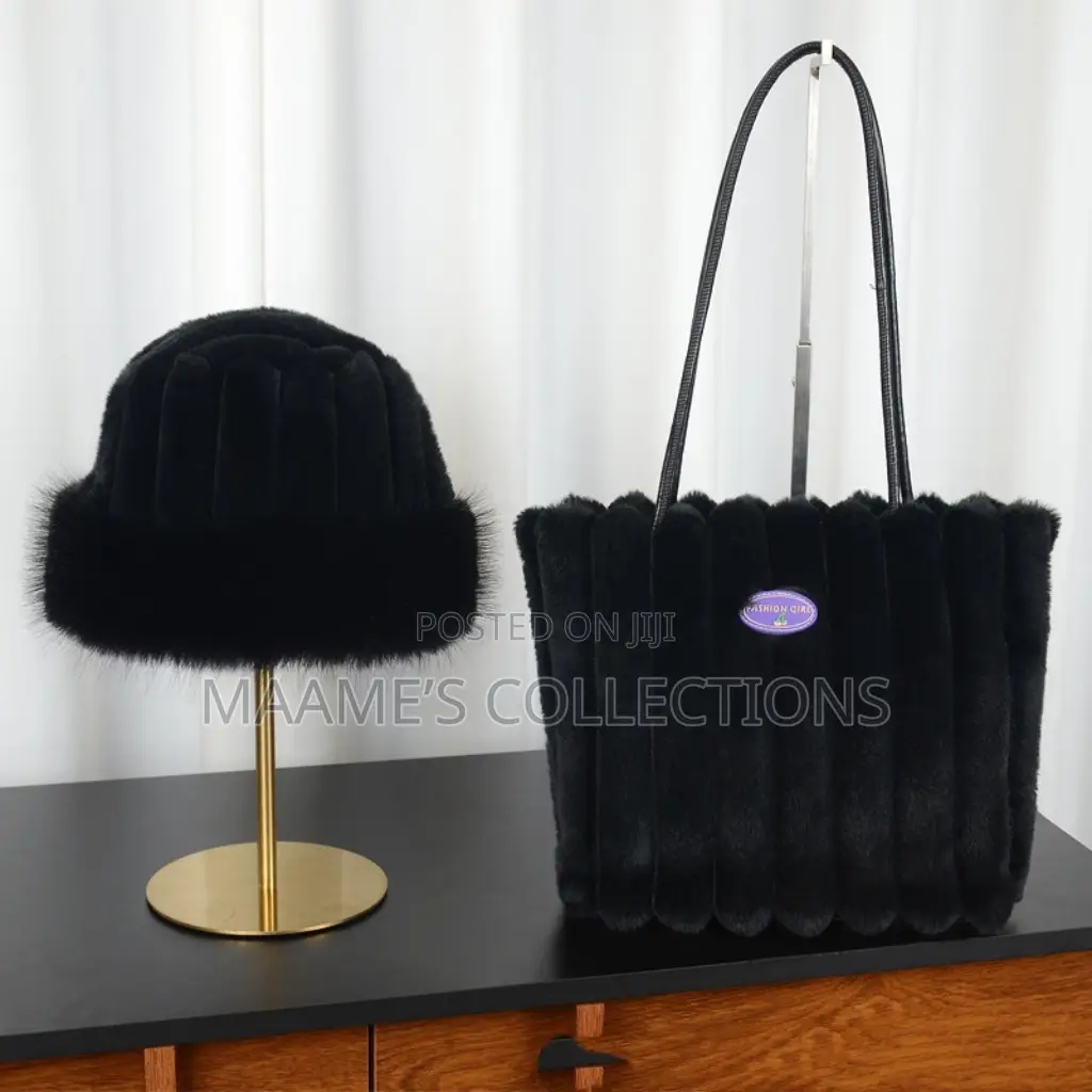 Women’S Plush Faux Fur Tote Shoulder Bag / Handbag With Hat