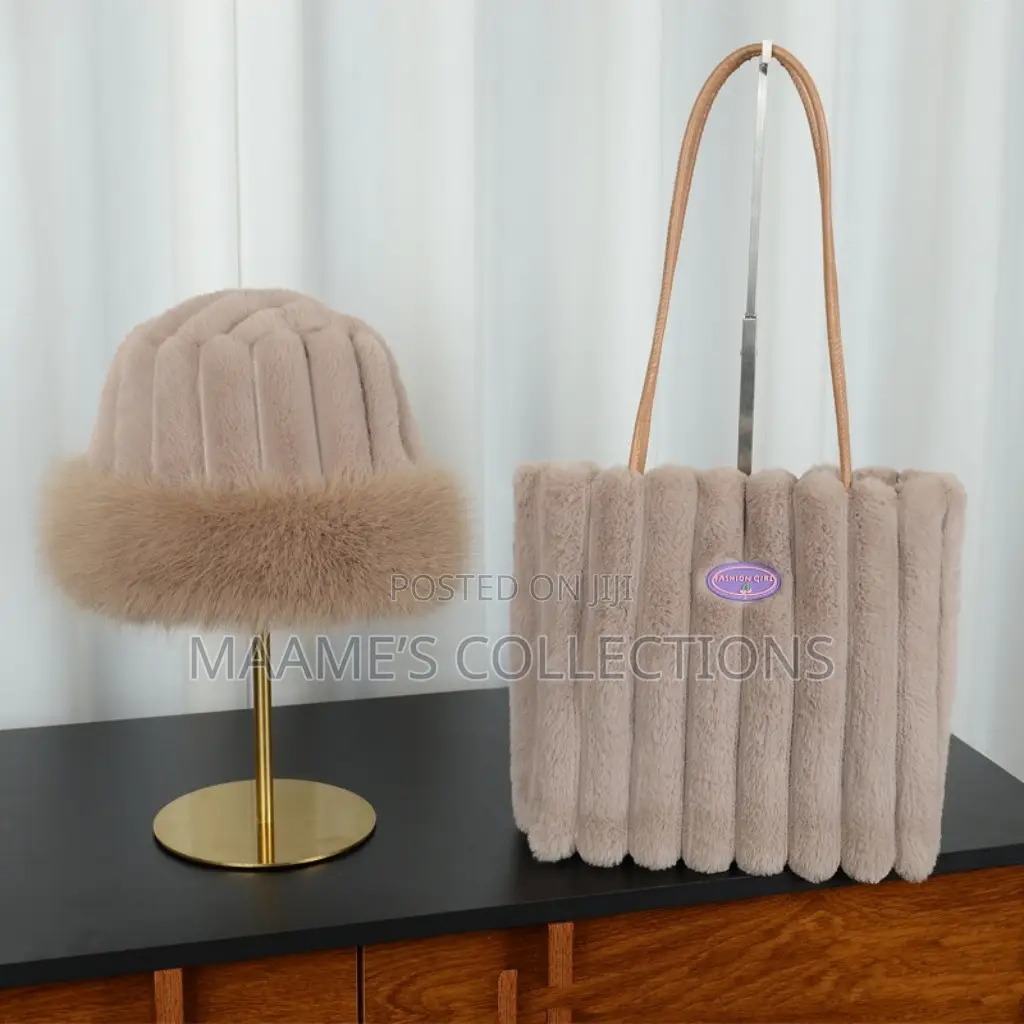 Women’S Plush Faux Fur Tote Shoulder Bag / Handbag With Hat