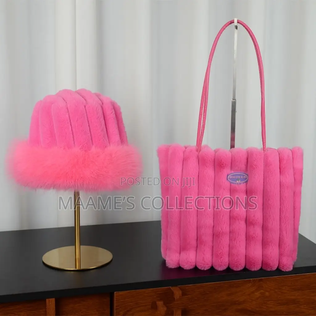 Women’S Plush Faux Fur Tote Shoulder Bag / Handbag With Hat