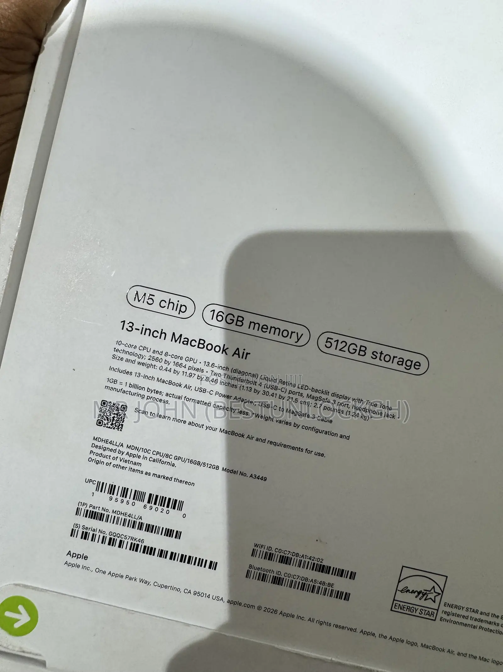 New Laptop Apple MacBook Air 2026 M5 16GB Apple M5 SSD 512GB