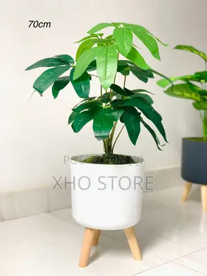 Modern Indoor Artificial Potted Plants Wooden Stands Flower Pots