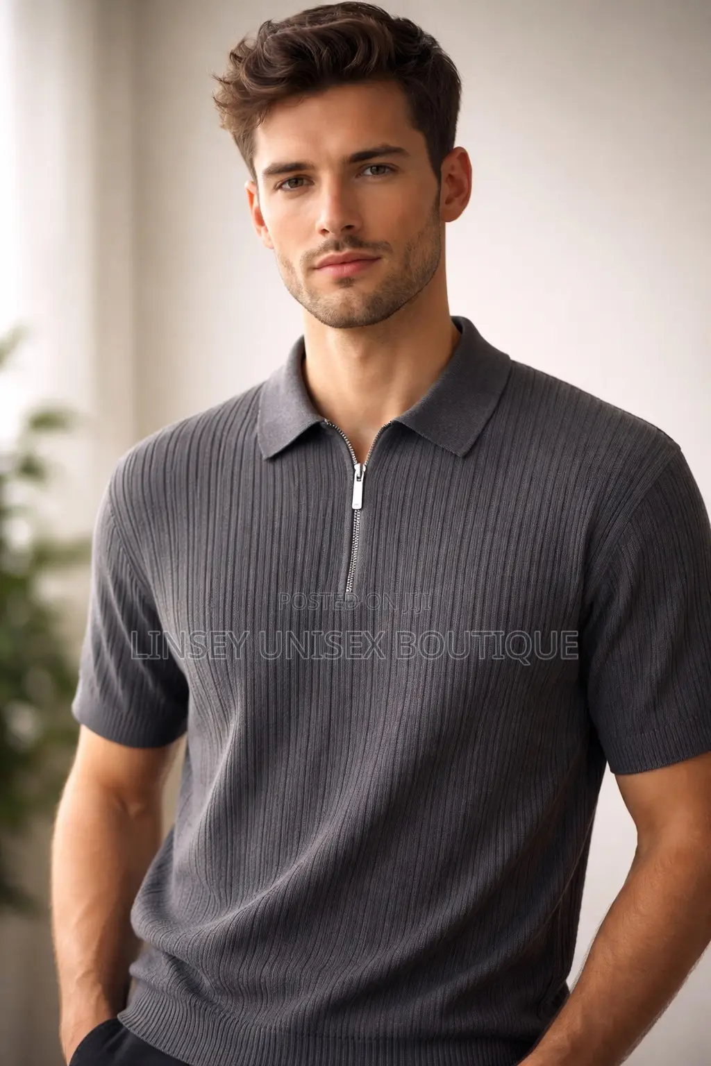 Luxury Men’S Knitted Zip Polo Shirt – Dark Grey