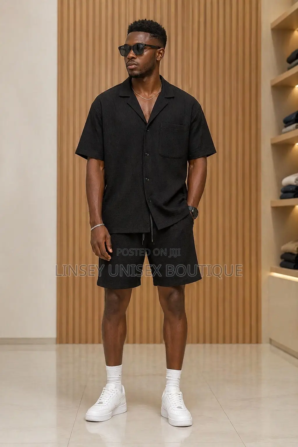 Luxury Men’S Black 2-Piece Casual Set – Shirt Shorts