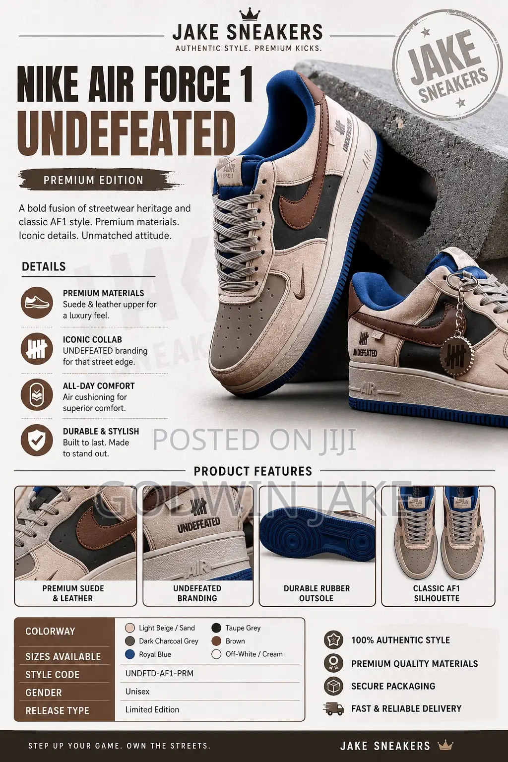 Nike Air Force 1 Low “Undefeated” – Beige / Taupe / Brown / Royal Blue