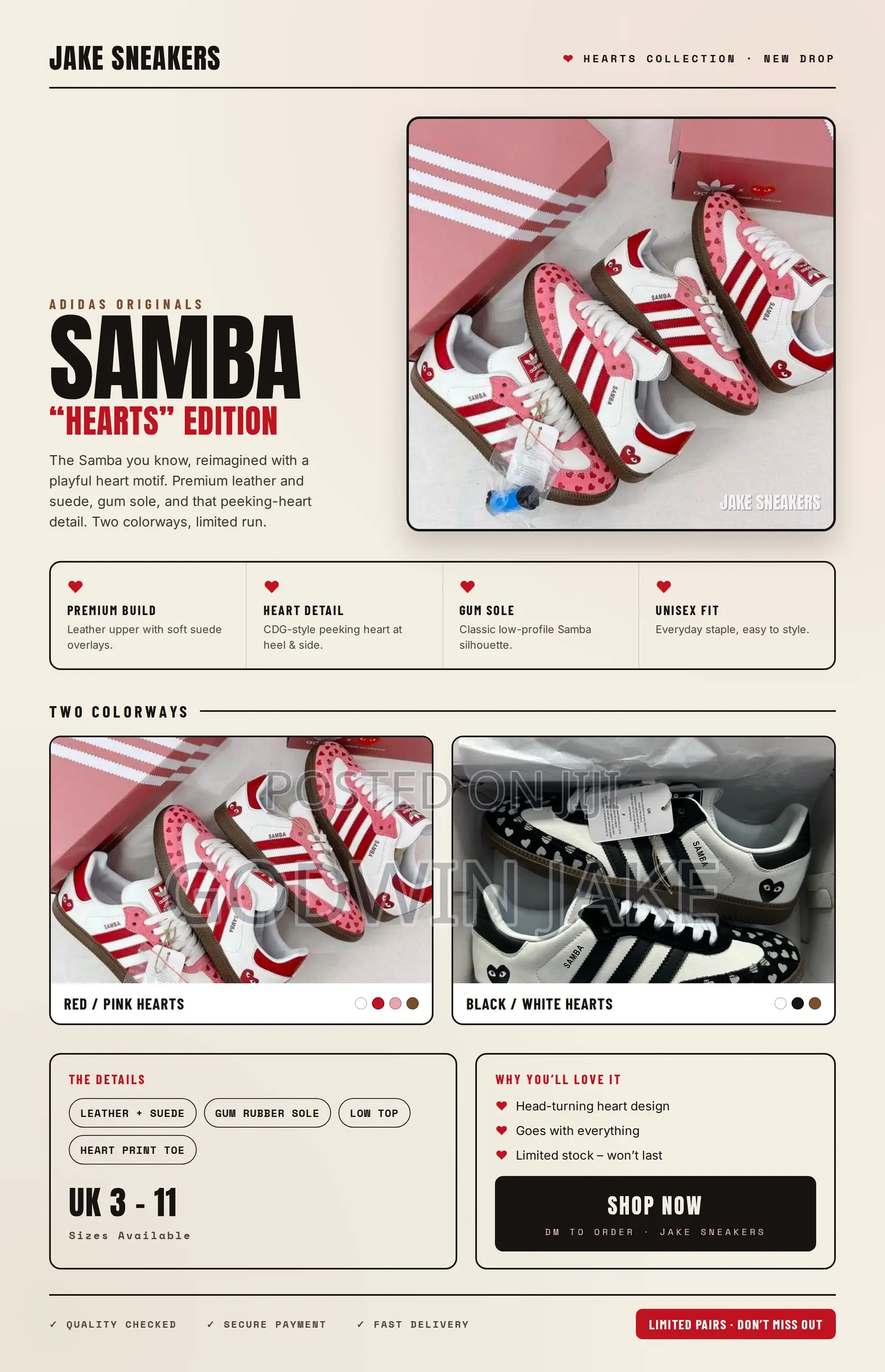 Adidas Samba X CDG-Style “Hearts” – White / Red / Pink | Play Heart