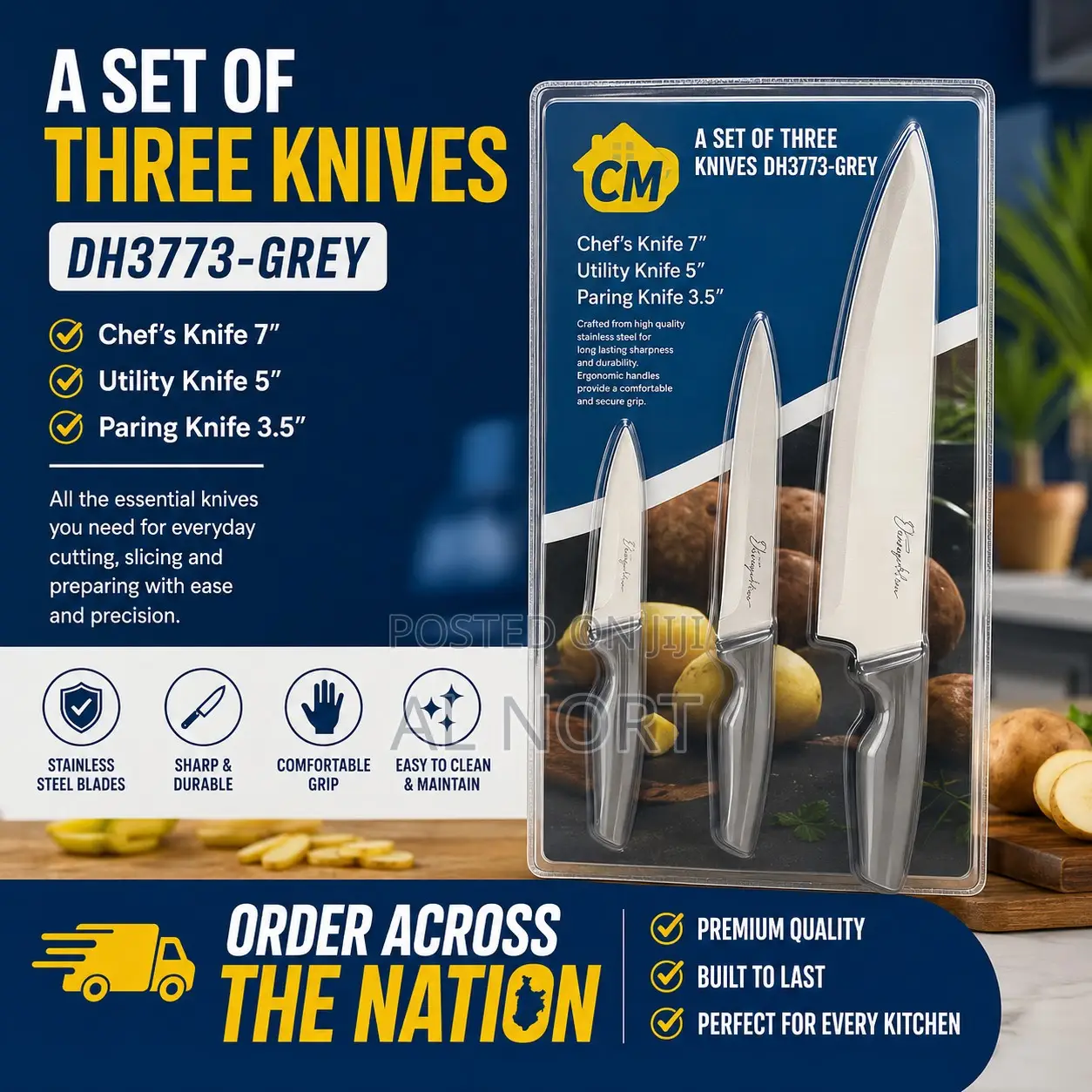 3-piece Stainless Steel Kitchen Knife Set - Grey Handles