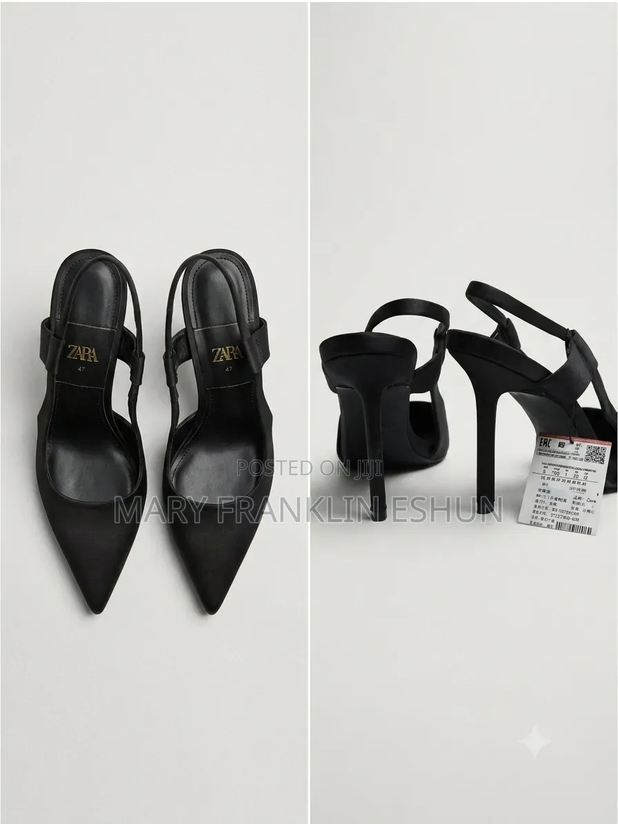 Authentic Zara Black Satin Slingback Stiletto Heels.
