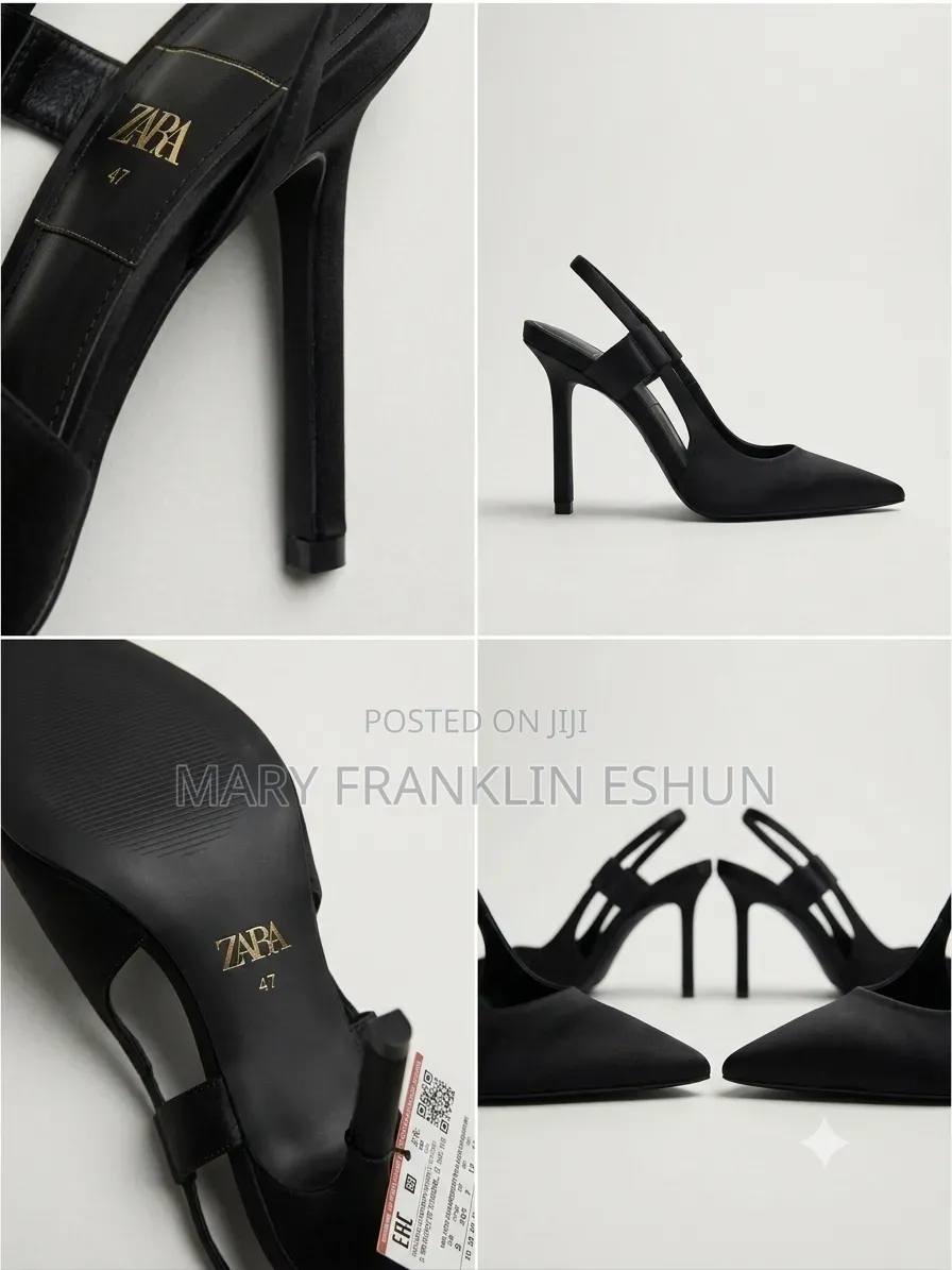 Authentic Zara Black Satin Slingback Stiletto Heels.