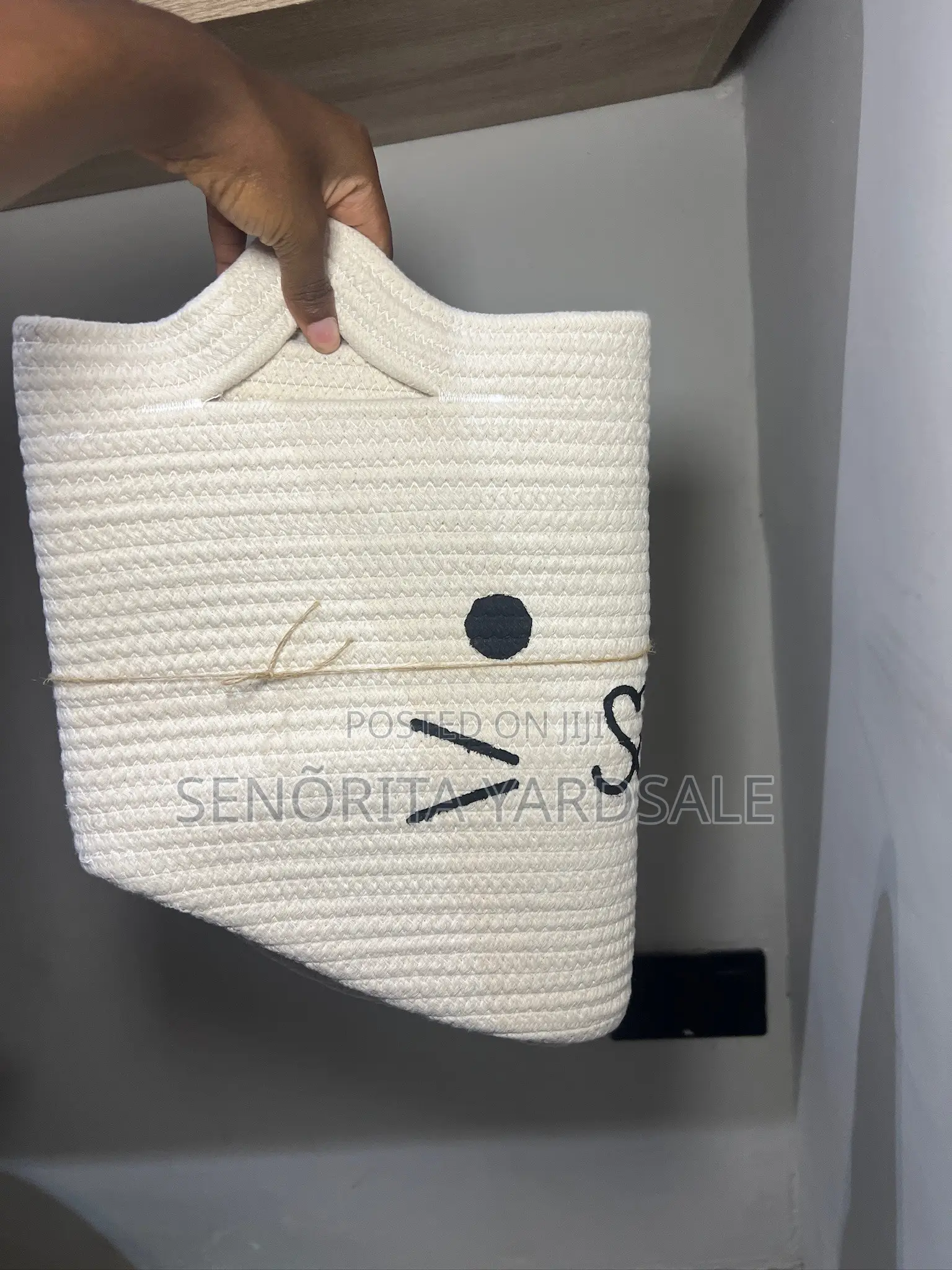 Small Storage Cotton Rope Basket Woven Decorative White Cat Face