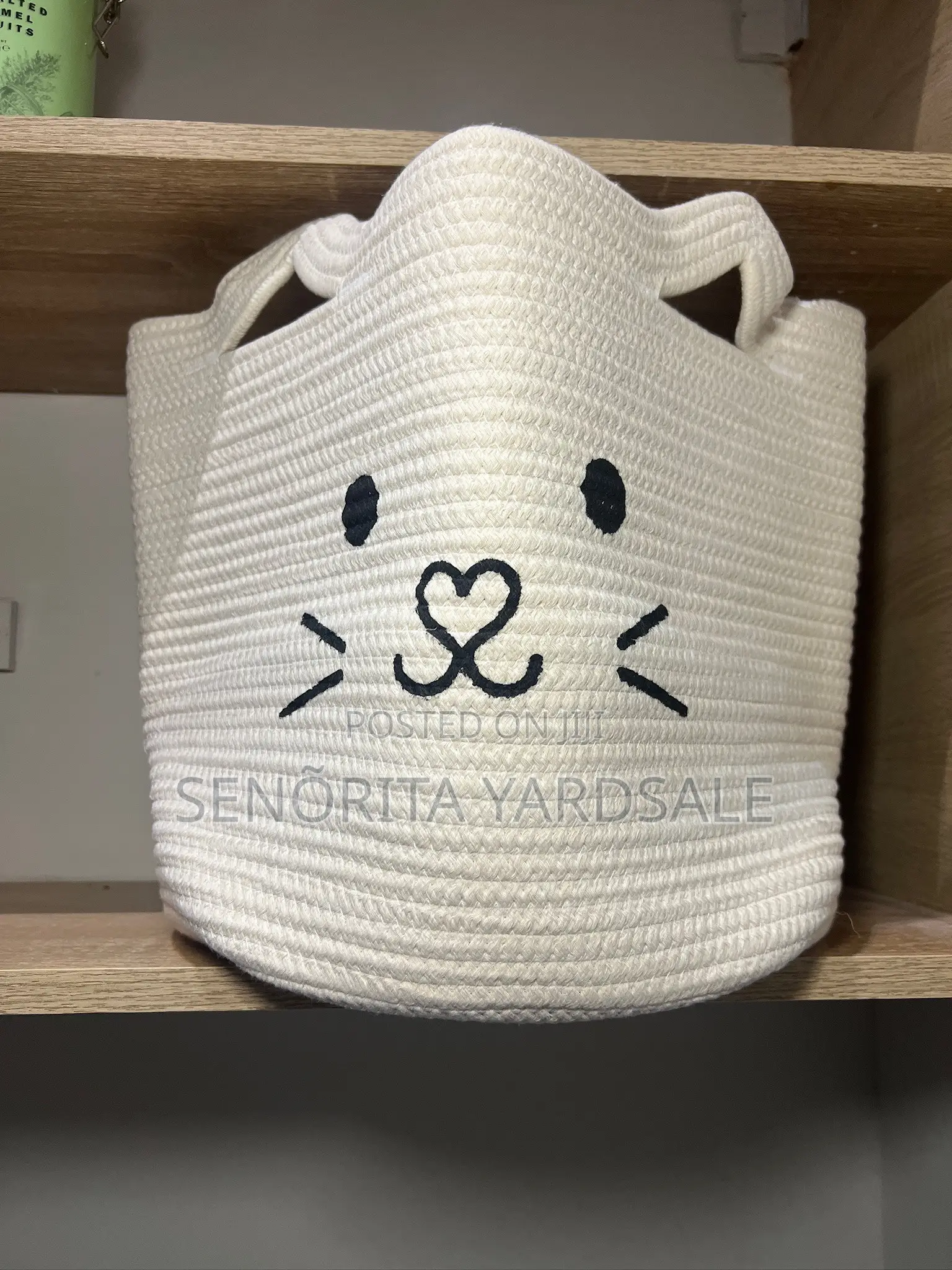 Small Storage Cotton Rope Basket Woven Decorative White Cat Face