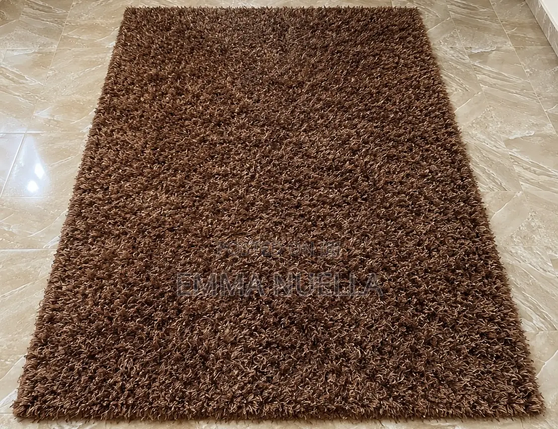 Wooden Table + Brown Shaggy Rug For Sale