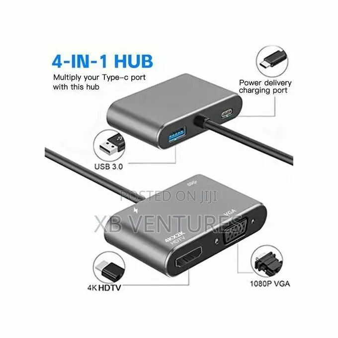 4-in-1 Adapter Type-C Hub Pd100w+Usb3.0+Hdmi+Vga