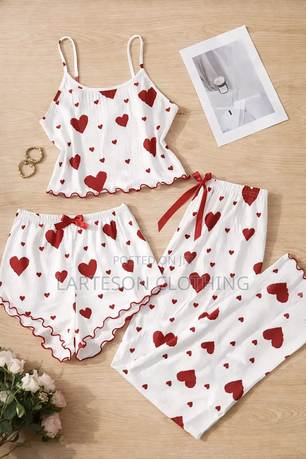 Three-Piece Heart Print Sleepwear Set